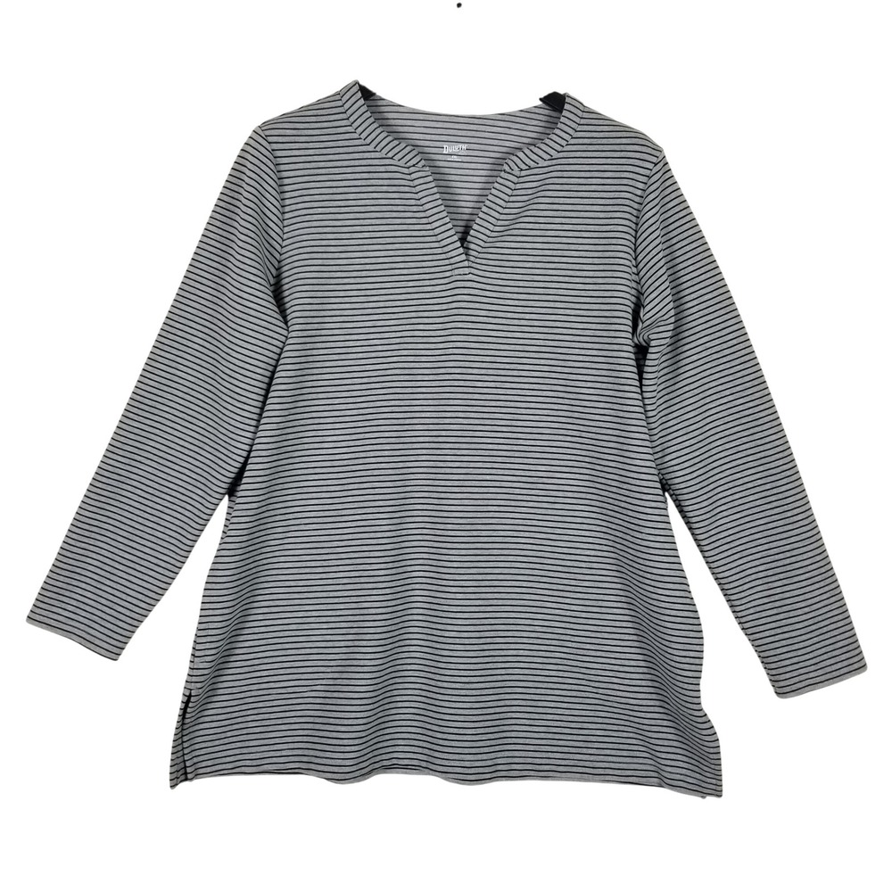 Duluth Tunic Top Women XXL Grey Black Striped Split V-Neck Long Sleeve Side Vent